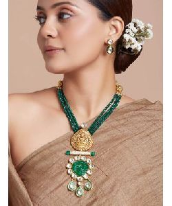 Green Necklace Set With Goddess Laxmi Temple Pendant