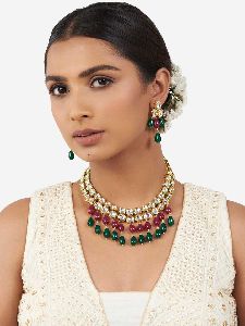 Multicolor Kundan Polki Necklace Set with Hydro Rubies and Emerald Drops