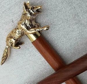 Brass wooden Lion Fox Head Handle Walking Stick