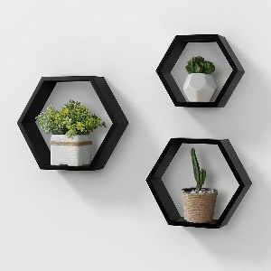 Wooden Black Hexagon Wall Shelf