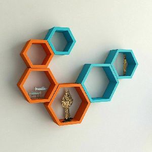 Wooden Blue Orange Hexagon Wall Shelf