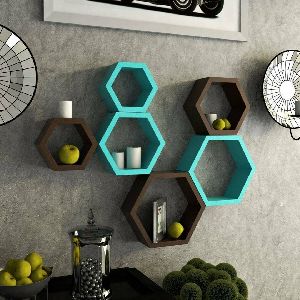 Wooden Brown &amp;amp;amp; Green Hexagon Wall Shelf