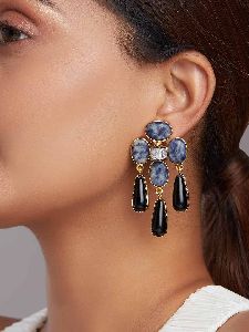 Black Onyx Drop Earrings With Blue Lapis Beads