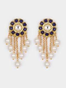 Blue Gold Tone Kundan Earrings with White Pearl