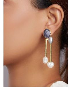Blue Jade Drop Earrings With Fresh Water Pearls