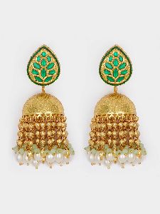 Green Gold Tone Kundan Jhumka Earrings