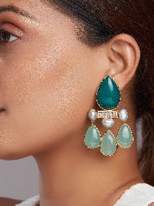 Green Onyx Drop Earrings With Fresh Water Pearls