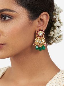 Pink Green Gold Tone Kundan Earrings