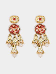 Red Gold Tone Kundan Earrings with White Pearl
