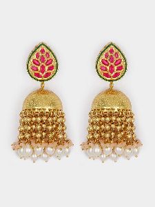 Red Gold Tone Kundan Jhumka Earrings