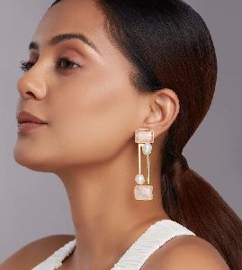 Rose Quartz Drop Earrings with Gold Pipes