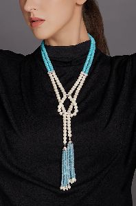 Turquoise Beads Gold And White Necklace