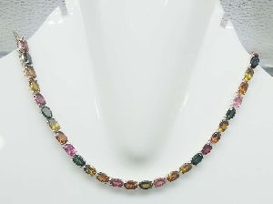 925 Sterling Silver Multi Tourmaline Tennis Necklace