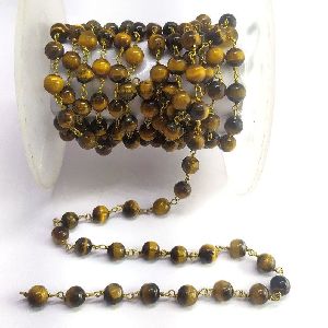Natural Tiger Eye Brass Gold Plated Rosary Chain