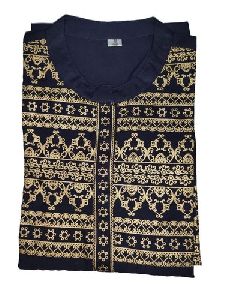 Blue and Golden Cotton Embroidered Kurti