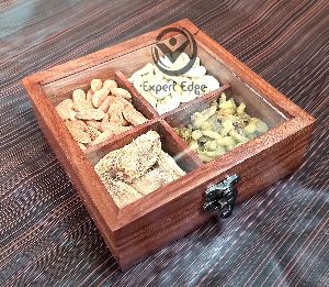 The Expert Edge Sheesham Wooden Masala Dabba Handmade 4 Partition with Spoon &amp;amp; Glass