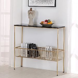 Black Rectangular Narrow Console Table with Shelf Modern Metal in Gold