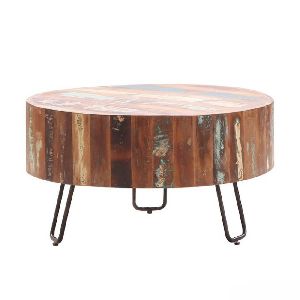 Reclaimed Wood 27&amp;rdquo; Round Coffee Table With Iron Legs