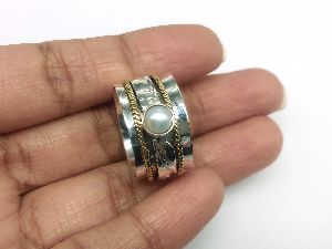925 Sterling Silver Fresh Water Pearl Round Gemstone Handmade Spinner Ring