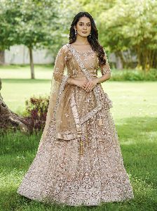 tone to tone cording work biscuit colored flower embroidered veil design lehenga