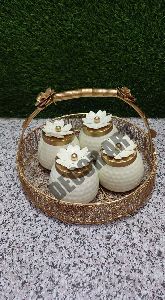Golden Round Decorative Wedding Gift Hamper Basket with Jar
