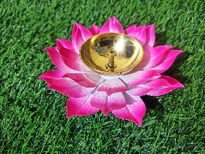 pink color 6 inch brass table lotus diya