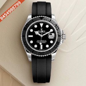 Rolex Yacht Master Silver Black Rubber Strap Automatic Watch