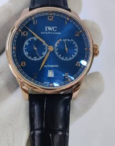 I W C Portuguese Power Reserve Rose Gold Blue Dial Leather Strap Swiss Automatic Watch