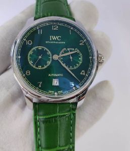 I W C Portuguese Power Reserve Silver Green Dial Leather Strap Swiss Automatic Watch
