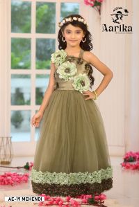 Girls Nylon Net with Satin Flower Applique Work Gown