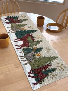 Handmade Christmas Tree and Reindeers Beaded Table Runner
