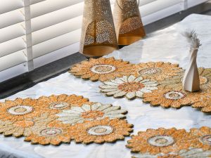 Handmade Yellow Floral Beaded Embroidery Table Runner with Placement
