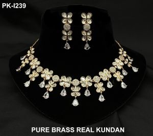 Flower Shaped Pure Brass Real Kundan Necklace Set