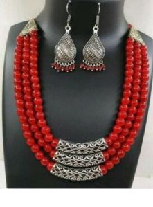 red pipe triple layer necklace set