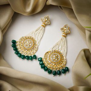 Gold-Plated Dark Green Chandbali Kundan Pearl Earrings