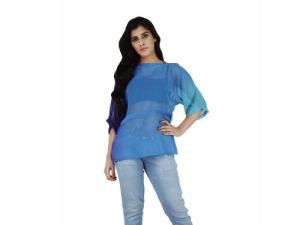 Womens Georgette Tie-Dye Cord Fitted Blue Top
