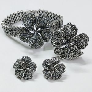 925 silver Marcasite flowers ring stud bracelet
