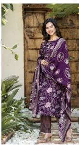 Women purple chanderi silk straight kurta harem pant set