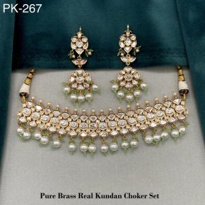 Beaded Pure Brass Real Kundan Choker Set