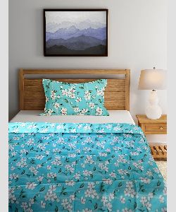 Sky Blue &amp;amp;amp; Off-White Floral Flat 320 TC Cotton Double Bed Bedsheet