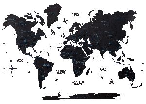 3D Wooden World Map Obsidian Black