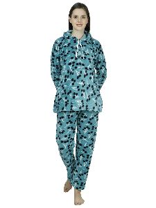 Ladies Teal Blue Printed Woolen Hoodie Night Suit