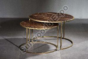 METAL AND WOOD ROUND NESTING COFFEE TABLE