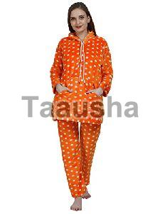Ladies Orange Woolen Polka Dot Hoodie Night Suit