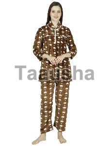 Ladies Star Printed Woolen Collar Night Suit