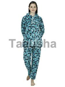 Ladies Teal Blue Printed Woolen Hoodie Night Suit