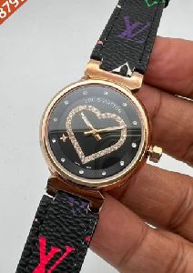 Louis Vuitton Rose Gold Black Dial Leather Watch