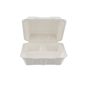 Biodegradable 3 Compartment 9 Inch Hinged Clamshell Multipurpose Square Container - Natural Disposab
