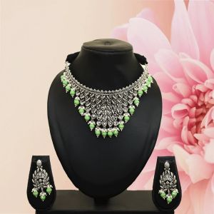 Intricate Green Stone Silver Necklace Set