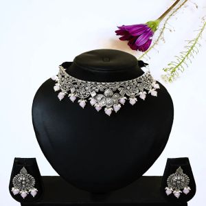 Intricate Pink Stone Silver Necklace Set